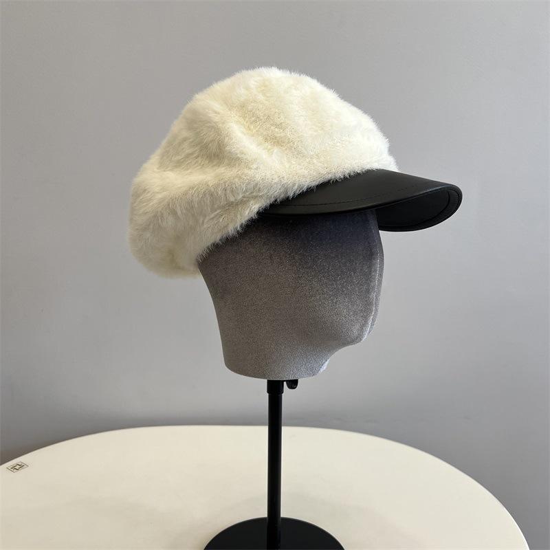 Imitation Mink Leather Brim Newsboy Hat Women's Autumn and Winter New Literary and Retro Fashion Duck Tongue Painter Hat