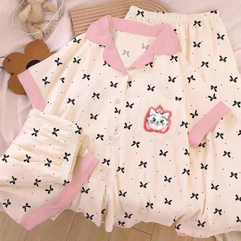 

French Mary Cat Cloud Cotton Pajamas Women S Summer Bow Short Sleeve Loungewear Three-Piece Set 2XL