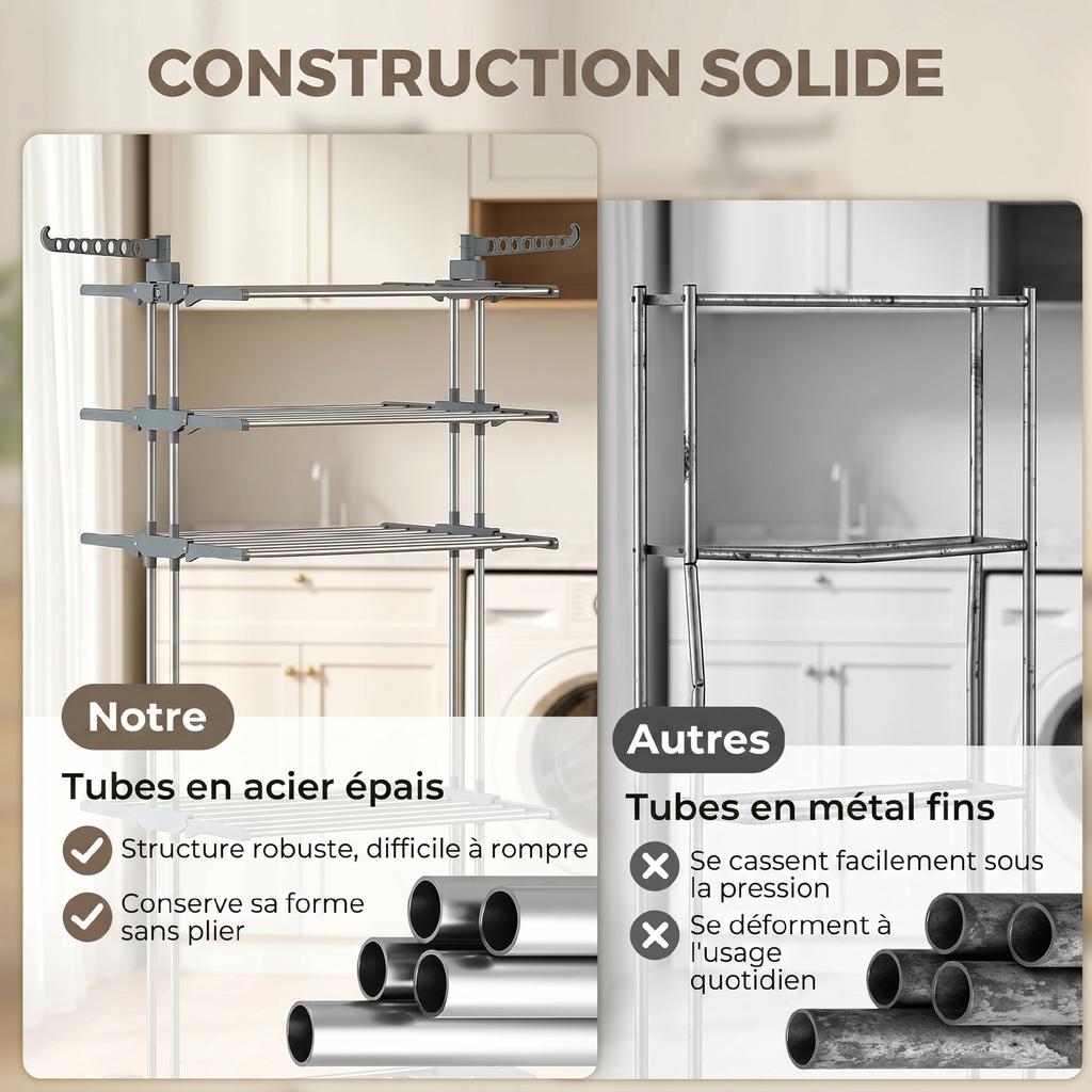 Foldable 4-Tier Clothes Drying Rack with Wheels, Side Wings and Steel Frame, Grey