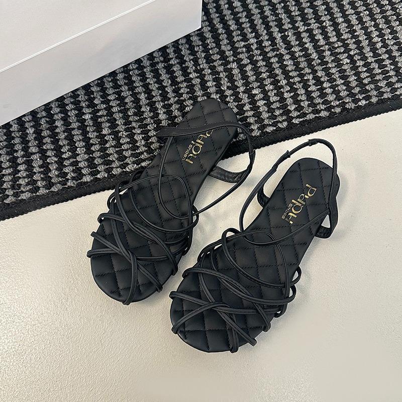 Fashion Woven Thin Strap Gold Flat Roman Sandals Women's Summer 2025 New