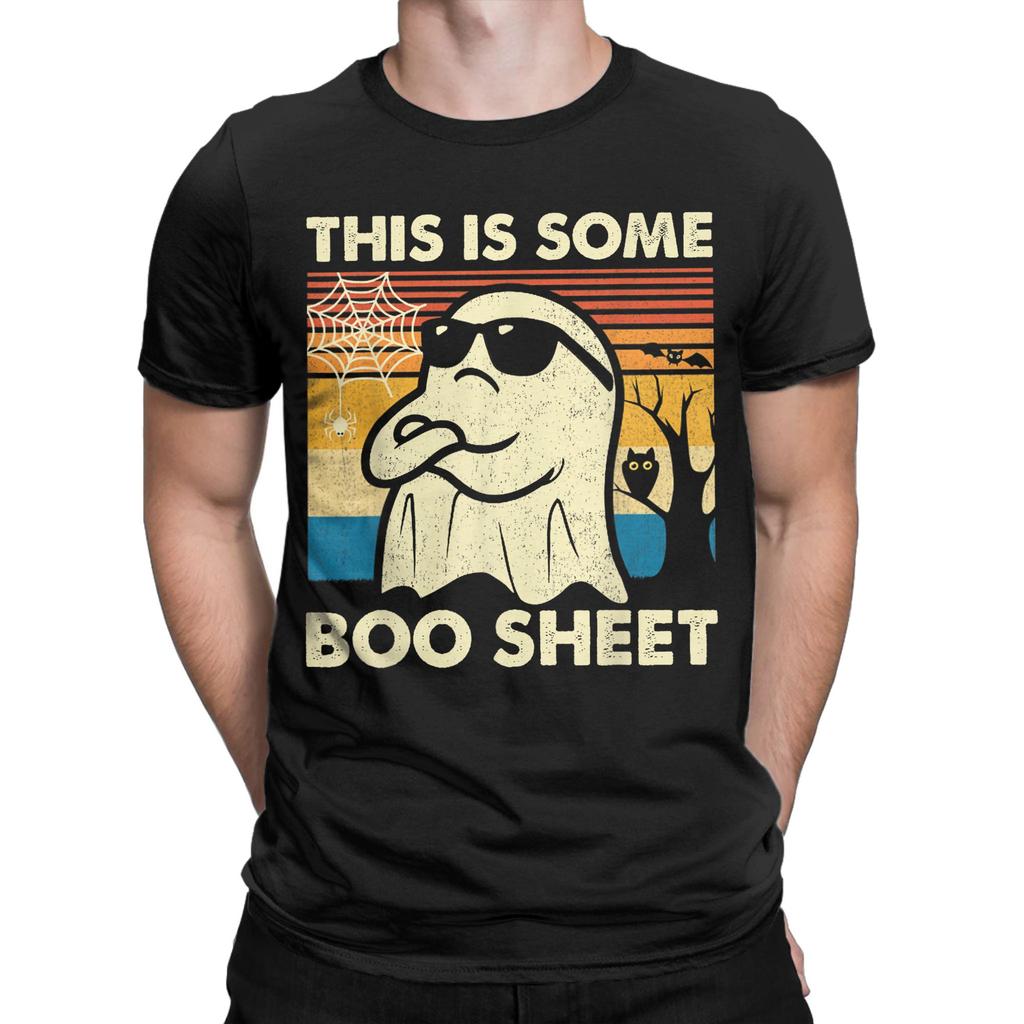 Vintage This is Some Boo Sheet Ghost Retro Funny Halloween T-Shirts Men Round Neck Cotton T Shirts  Short Sleeve Tees Clothing