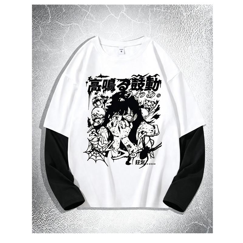 Y2K Japanese Comic Girl Print Men's Contrast Color Long Sleeve T-shirt