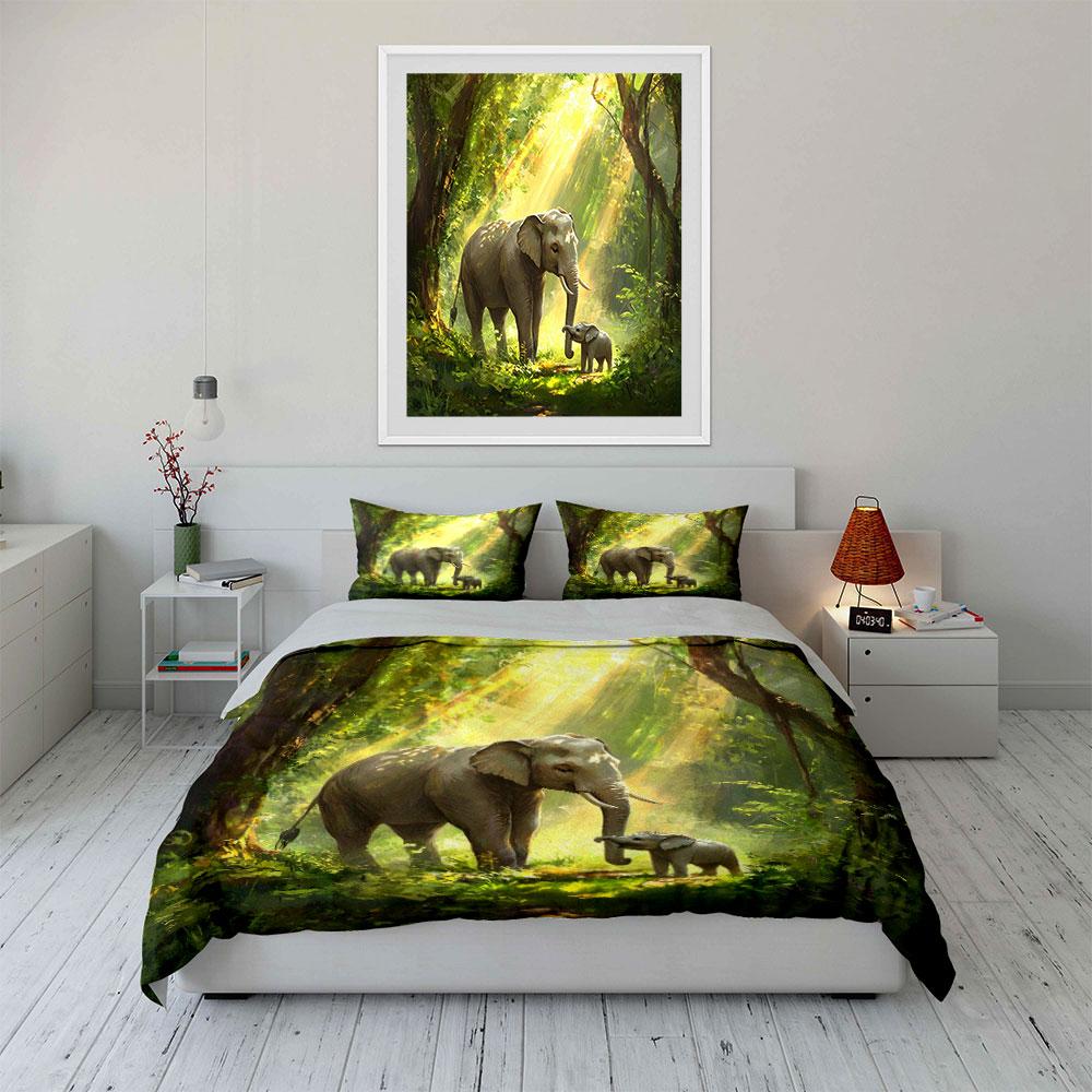 Elefantenmutter und Kalb im sonnenbeschienenen Wald Druck Bettwäsche-Set 1 Bettbezug 2 Kissenbezüge für Erwachsene Kinder Luxuriöses Geschenk Vollgröße