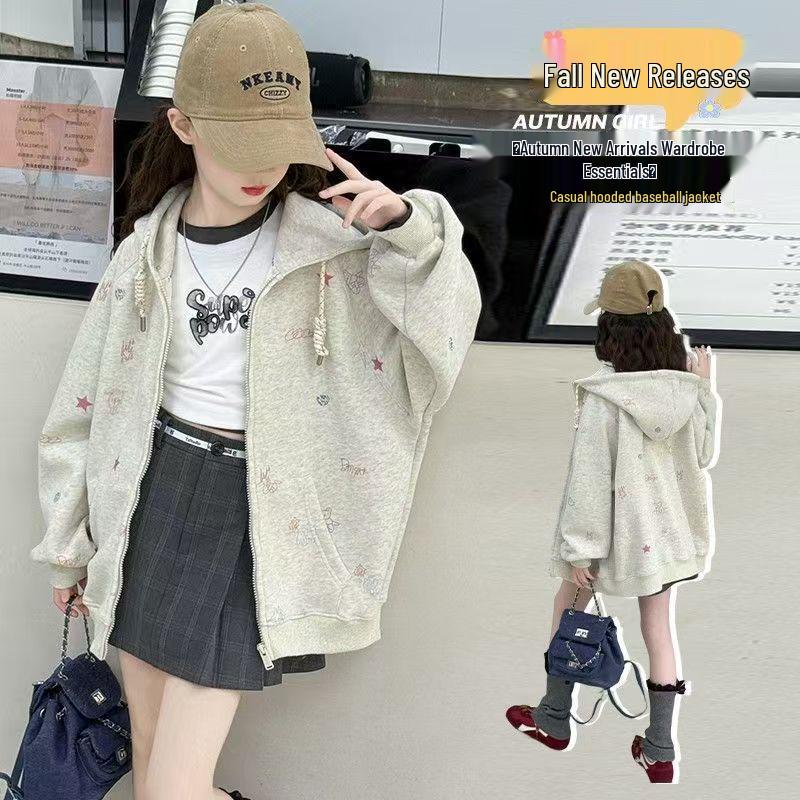 

Girls 2025 Spring/Autumn Korean Style Loose Print Hooded Jacket 140 cm