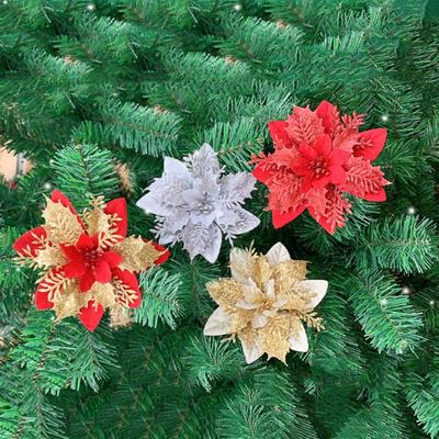 5PCS New 14cm Christmas Flowers Fabric Art Fake Flowers Glitter Flower Party Supplies Wedding Decor Xmas Tree Decorations