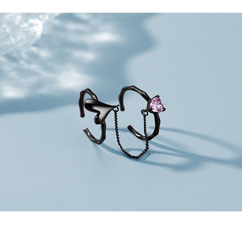 Banyan Tree S925 Silver Double Love Ring: Cold Style Open Index Finger & Chain Trend for Women