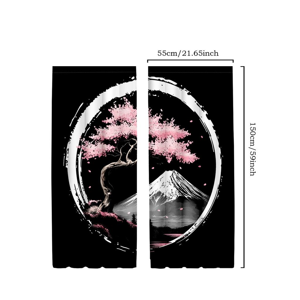 2pcs Classic Japanese Style Polyester Bedroom Curtains   Mount Fuji & Sakura Cherry Blossom Print with Wave Design   Elegant Home