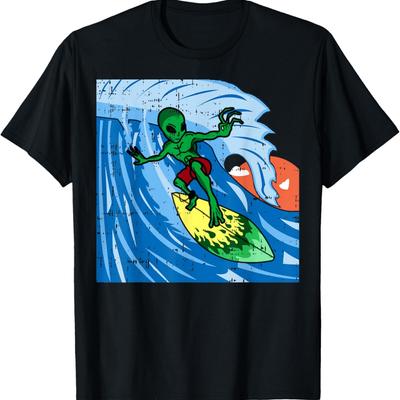 Alien Surfen Ozeanwelle Surfbrett Cool Urlaub Surfer Geschenk T-Shirt