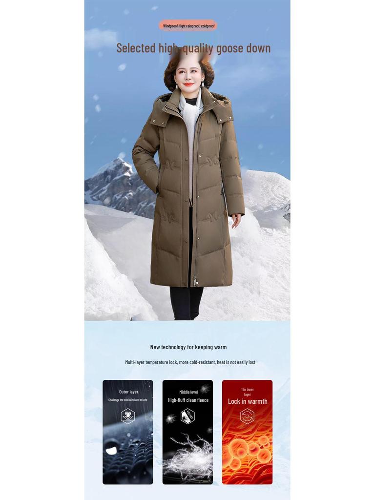 Brand Women's Long Genuine Goose Down Jacket - Super Thick Winter Coat for Middle-Aged & Elderly.