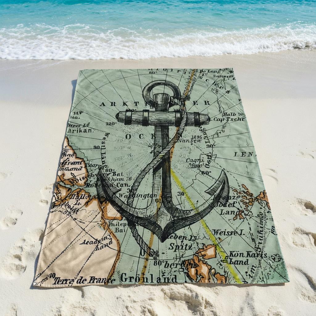 Vintage Nautischer Anker Strandtuch Flachdruck Alte Weltkarte Mikrofaser Sandfreies Badetuch zum Segeln Reisen Männer Frauen