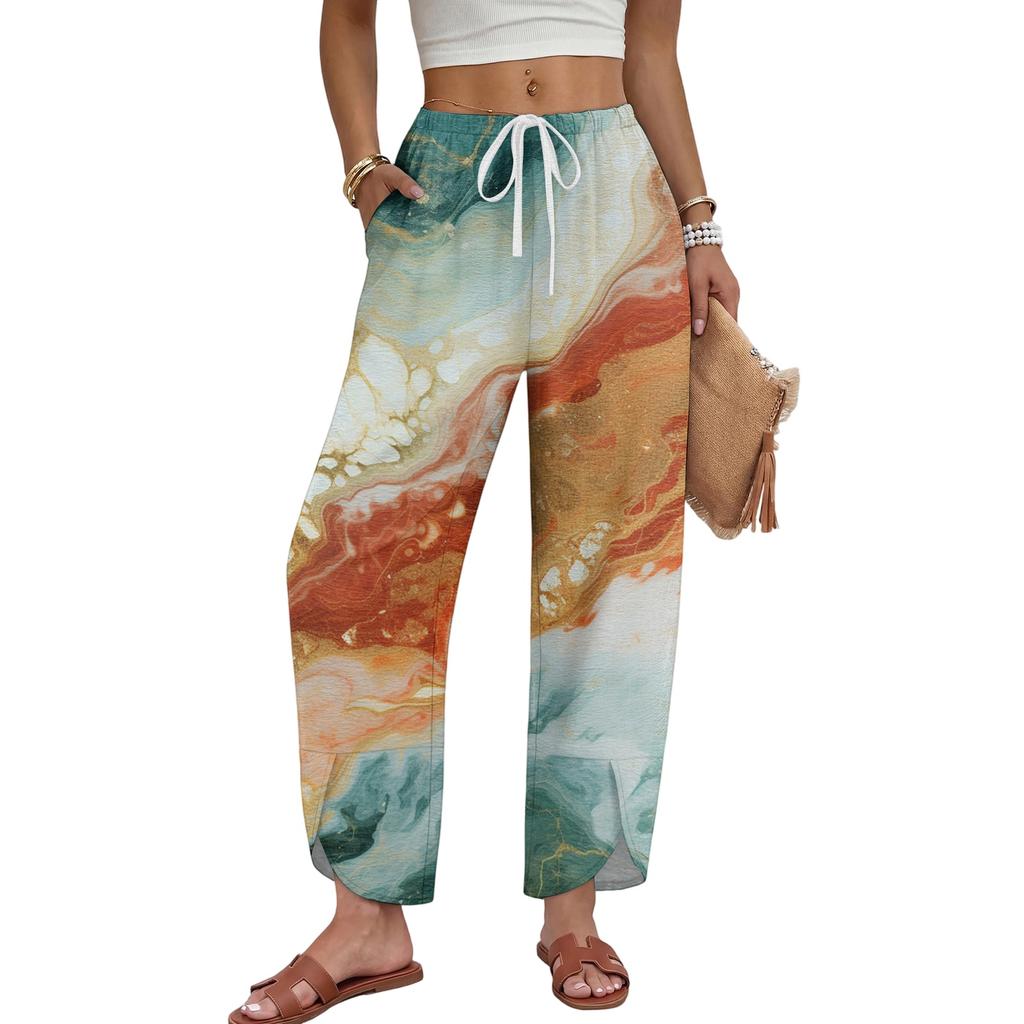 Women Casual Straight Leg Loose Fit Drawstring Waist Tie Dye Gradient Print Wide Leg Pants Elastic Waistband Comfortable Fit
