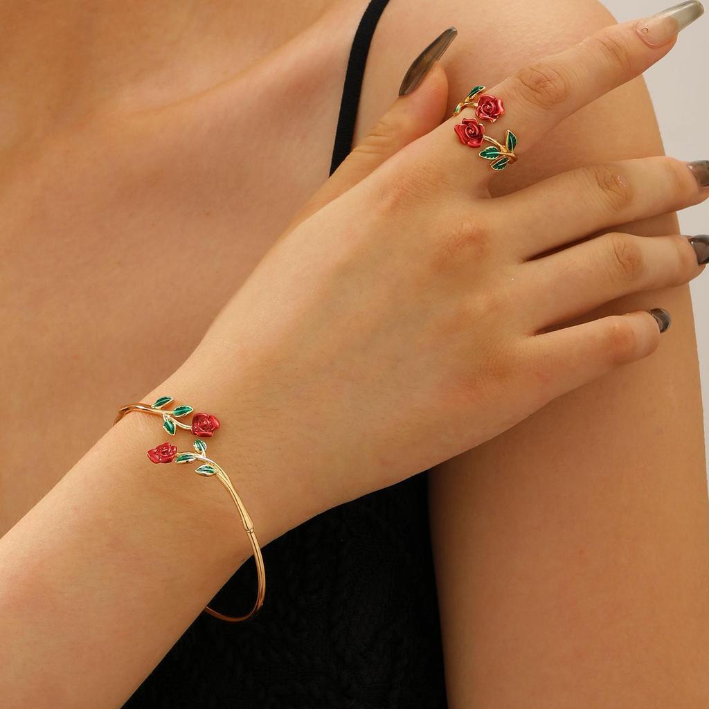 Bold Leopard Print Geometric Bangle & Ring Set - Adjustable Hand Jewelry for Women