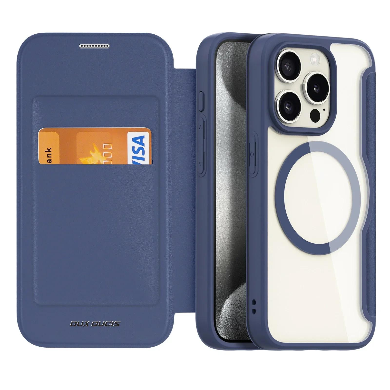 

Кожаный флип-чехол для телефона с прозрачной задней крышкой для iPhone 15 14 13 5G Pro Max 15 14 Plus Magsafe Магнитная зарядка с держателем для карт For iPhone 13 синий