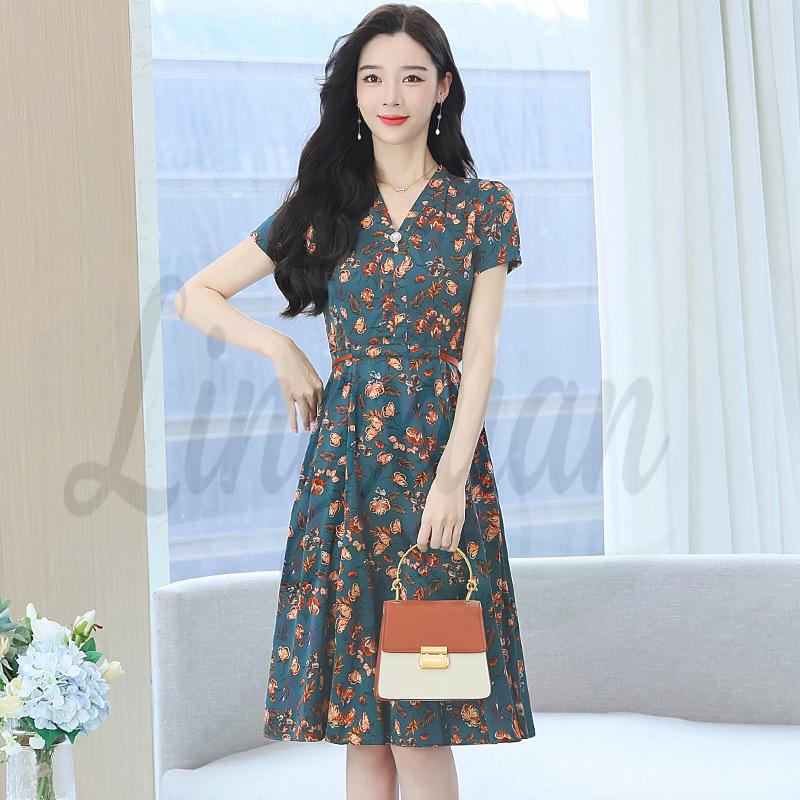 Mother s Summer V-Neck Floral Print Dress - Stylish Short-Sleeved Skirt for Middle-Aged and Elderly Women M зелёный