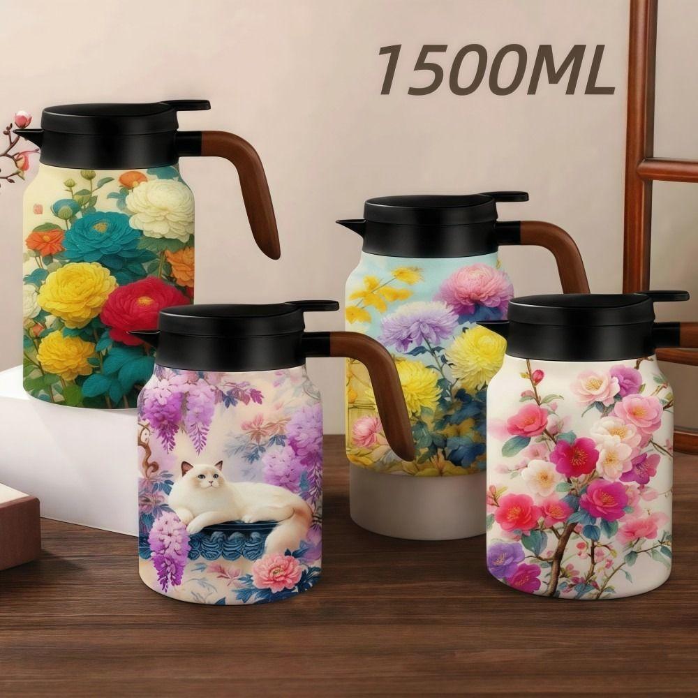 Vintage Floral Pattern Teapot Built In Infuser Stainless Steel Inner Liner Water Kettle Large Capacity 1.5L Thermos Water Bottle