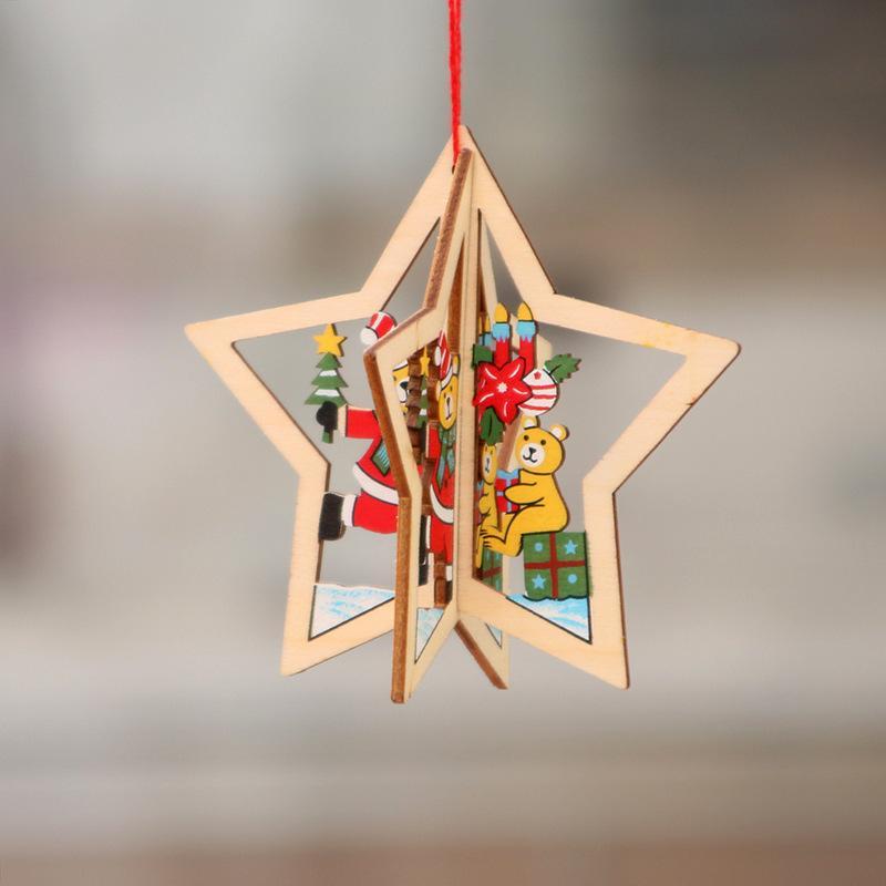Wooden Christmas Hanging Ornaments 3D Hollow Design Cute Patterns For Home Party Holiday Decor