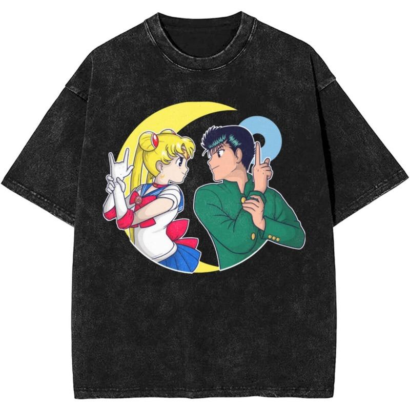 Sailors Moons Vintage Washed T Shirt  Women 100% Cotton Casual T-Shirt O Neck Anime Tees Short Sleeve Clothes Plus Size
