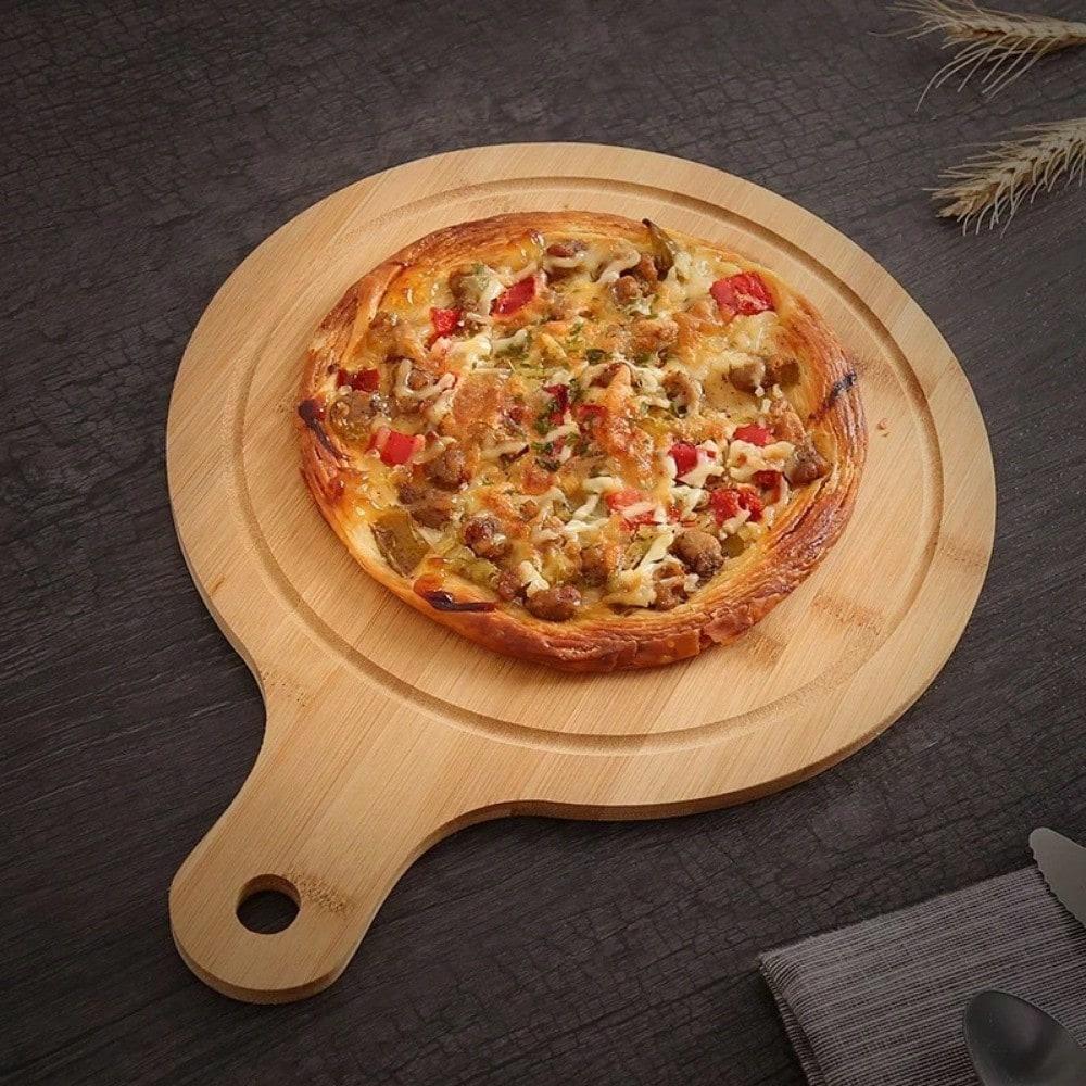 Bamboo Cutting Board with Handle Pizza Board Round Rectangular Wooden Tray Pizza for Baking Bread Vegetables Cheese Kitchen Tool