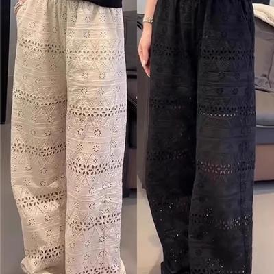 Summer  Women's Slim High Waisted Lace Hollow Out Floor Length Wide Leg Pants Loose Hollow Thin Casual Straight Pants