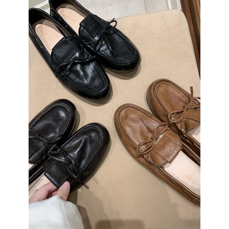 Washed horse skin grape mother same British loafers women's bow versatile small leather shoes flat leather beanie shoes