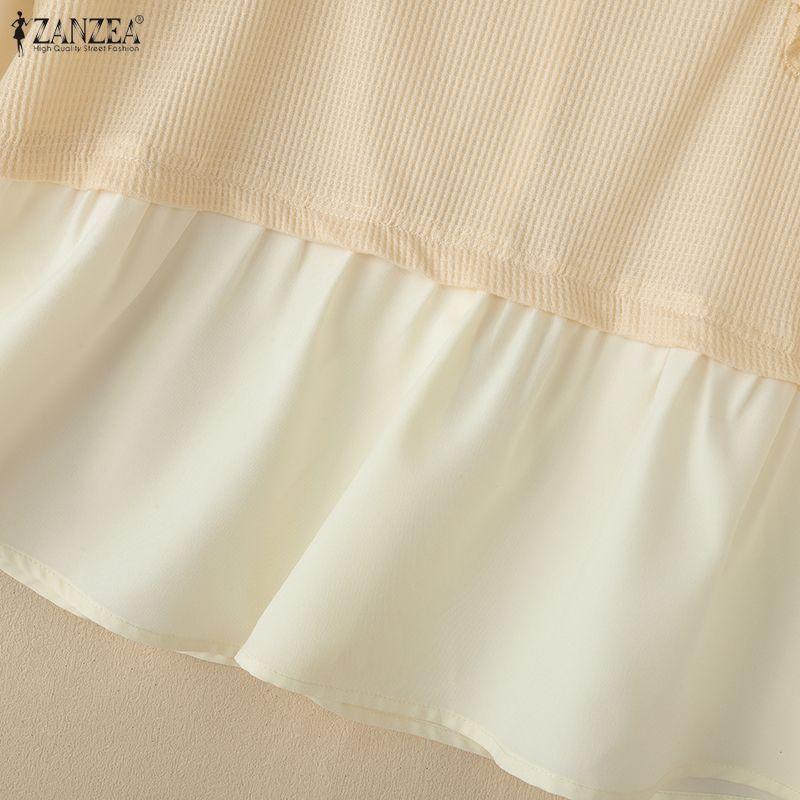 ZANZEA Women Casual Round Neck Long Sleeve Loose Patchwork Blouse