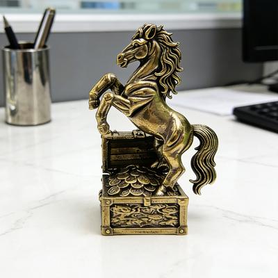 Feng Shui Brass Horse Statue Horse Stepping On Coins Chinese New Year Tabletop Ornament Zodiac Lucky Horse Sculpture with Treasure Box for Home