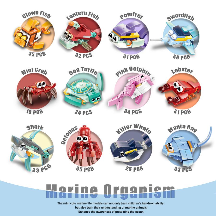 Blocchi da Costruzione Creativi 12 in 1, 12 Animali Marini Possono Essere Assemblati in uno Squalo, Perfetto per Regalo di Compleanno e Natale