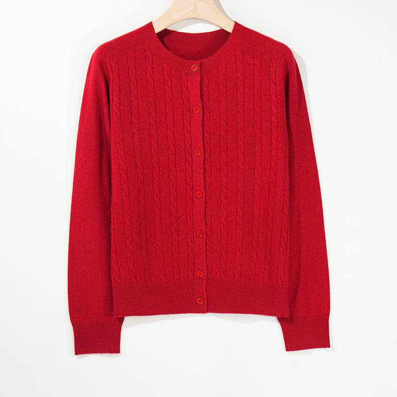Women's 100% Wool Cable Knit Cardigan, Round Neck, Retro Raf MIU Style Sweater for Spring & Autumn.