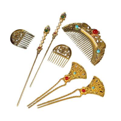 Tang Dynasty Gold Hair Accessories Set: Hanfu Retro Headdress with Hairpins, Forks, and Combs.