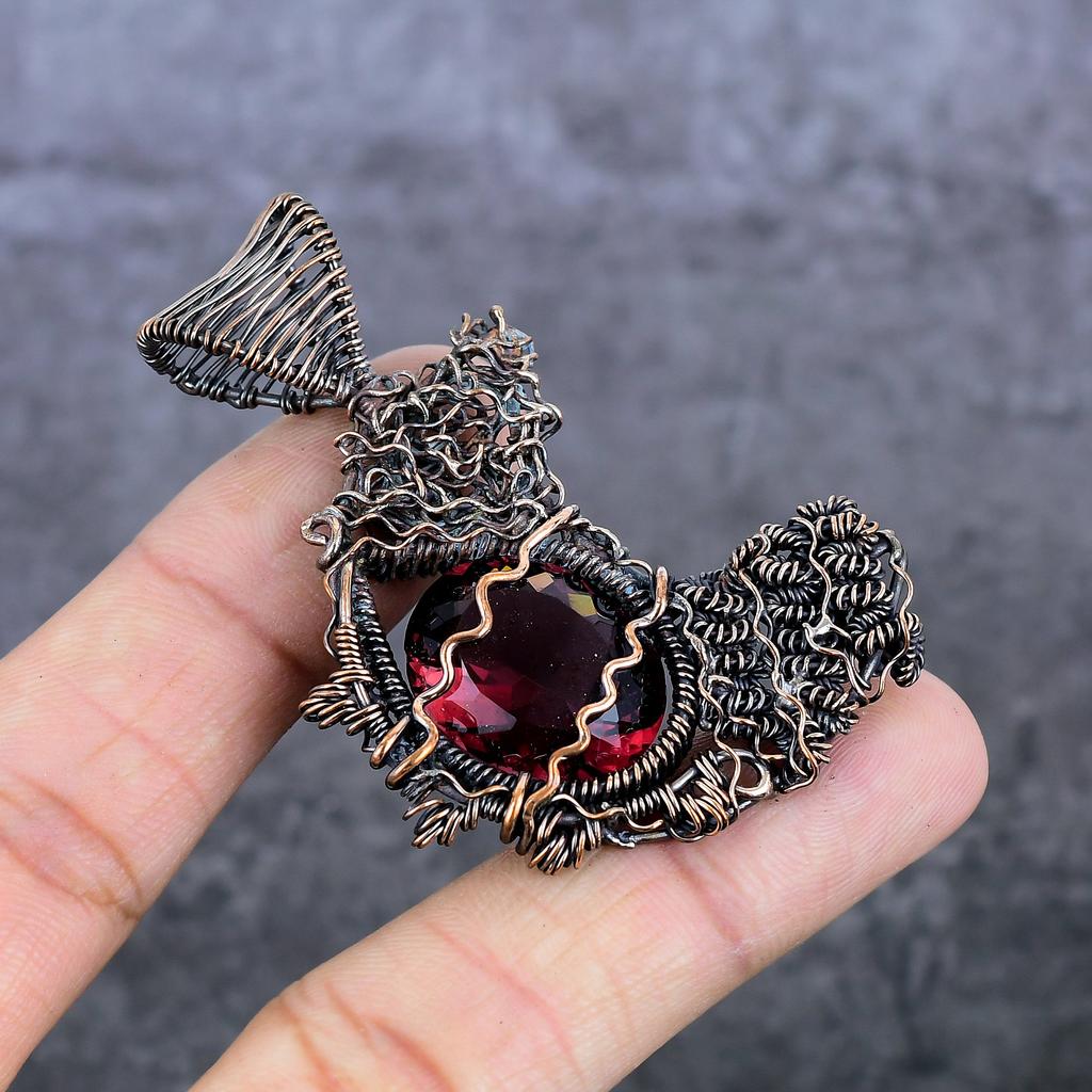 Natural Garnet Gemstone Handmade Copper Wire Wrap Jewelry Pendant 2.56" b0K01