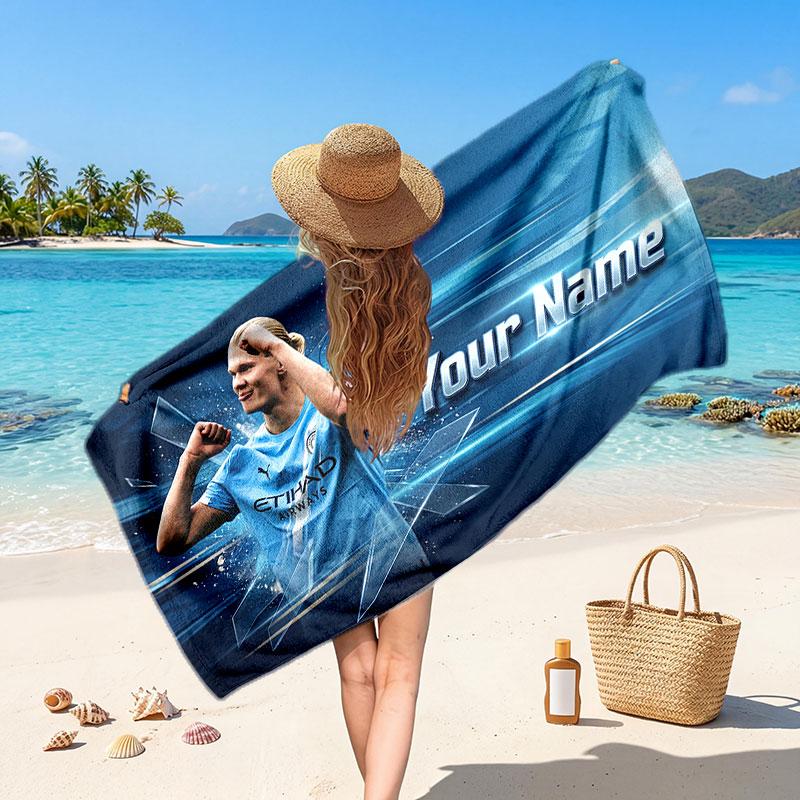 Asciugamano da Spiaggia Personalizzato Erling Haaland, Stampa Testo Nome Personalizzato, Asciugamano Morbido ad Asciugatura Rapida con Logo Calcio, Regalo per le Vacanze