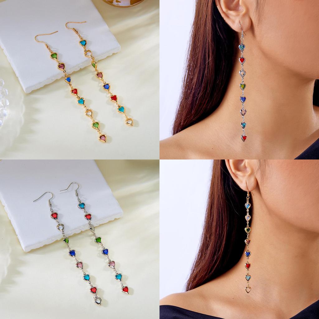 Heart Shape Copper Drop Earrings With Crystals And Tassels For Fashionable Women