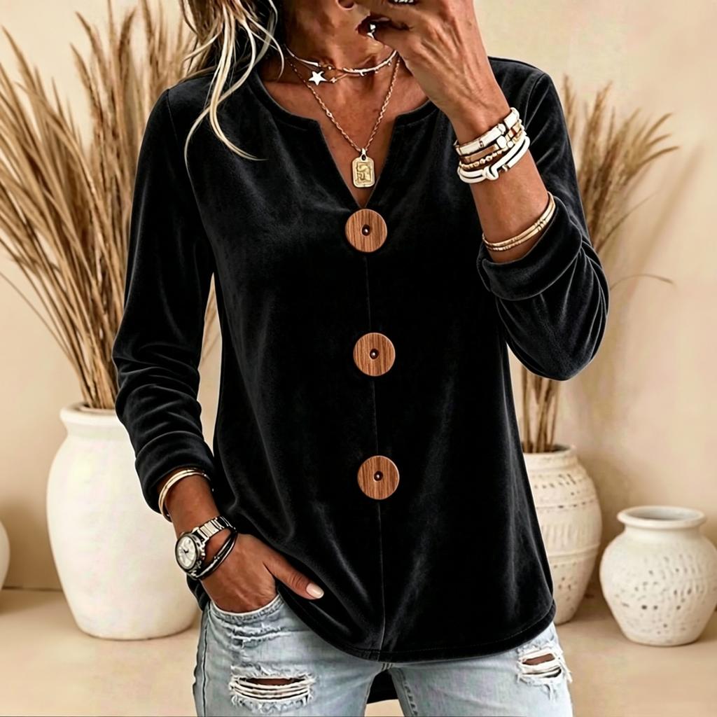 Women's Elegant Velvet Long Sleeve V-Neck Button Top for Work and Evening Wear