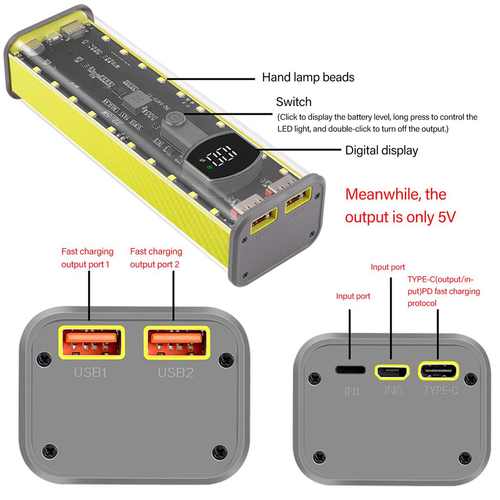 Shockproof 21700 Battery Box 4 Slots Battery Holder Case USB C Port For Quick Charging DIY Case Only