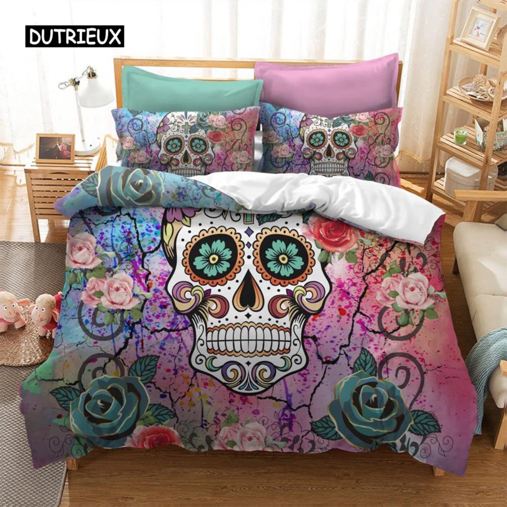 Sugar Skull Duvet Cover Set 3D Printed Gothic Bedding Soft Comforter with Zipper 2 Pillow Shams