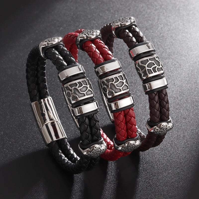 Double Layer Punk Brown Braided Leather Bracelet for Men with Metal Magnetic Clasp Stylish Business Bracelet Jewelry Gift