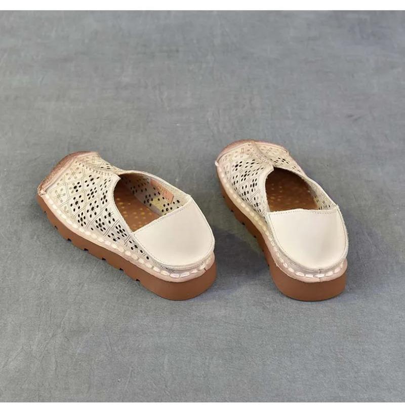 Johnature Hollow-out Breathable Flat Sandals Retro Genuine Leather Soft Soled Women's Slip-on Shoes