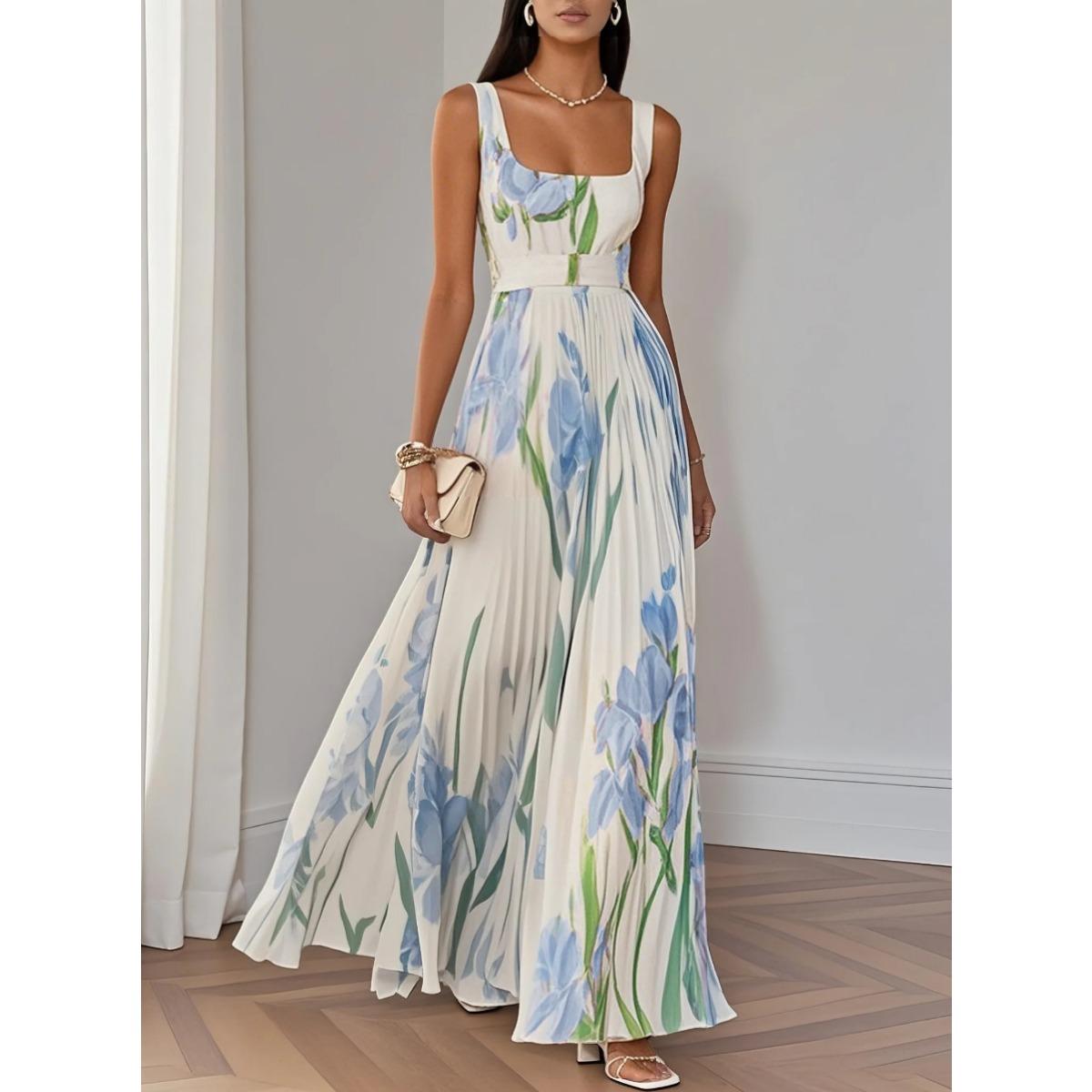 Women s European American Style Floral Printed Pleated Sling Long Maxi Dress S