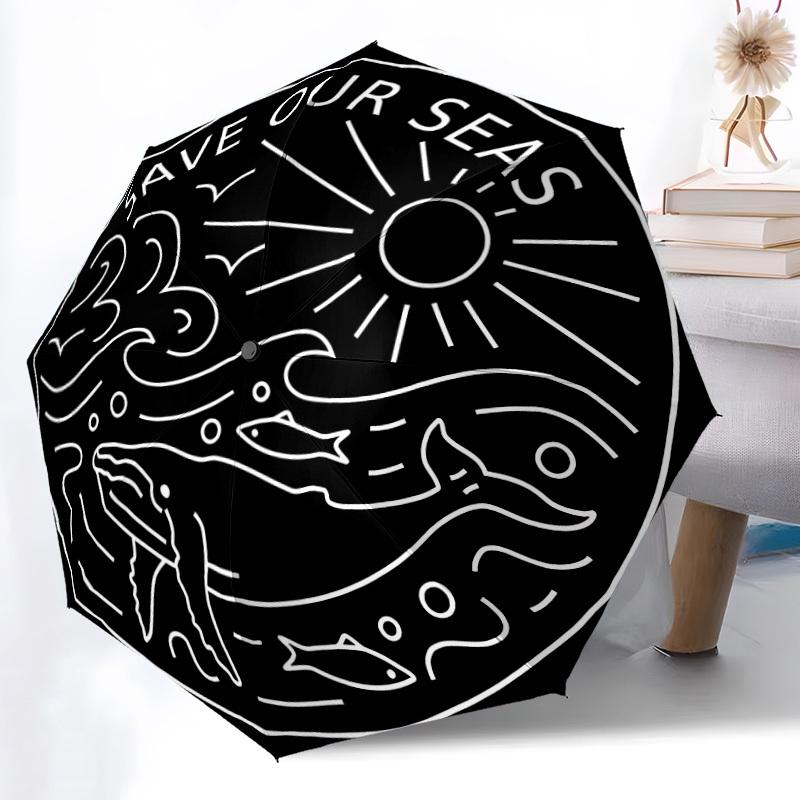 1pc Save Our Seas Sticker Automatic Open/Close Umbrella - Portable Collapsible Umbrella with 8-Rib Stability, Fashion Lovers Yy251017083