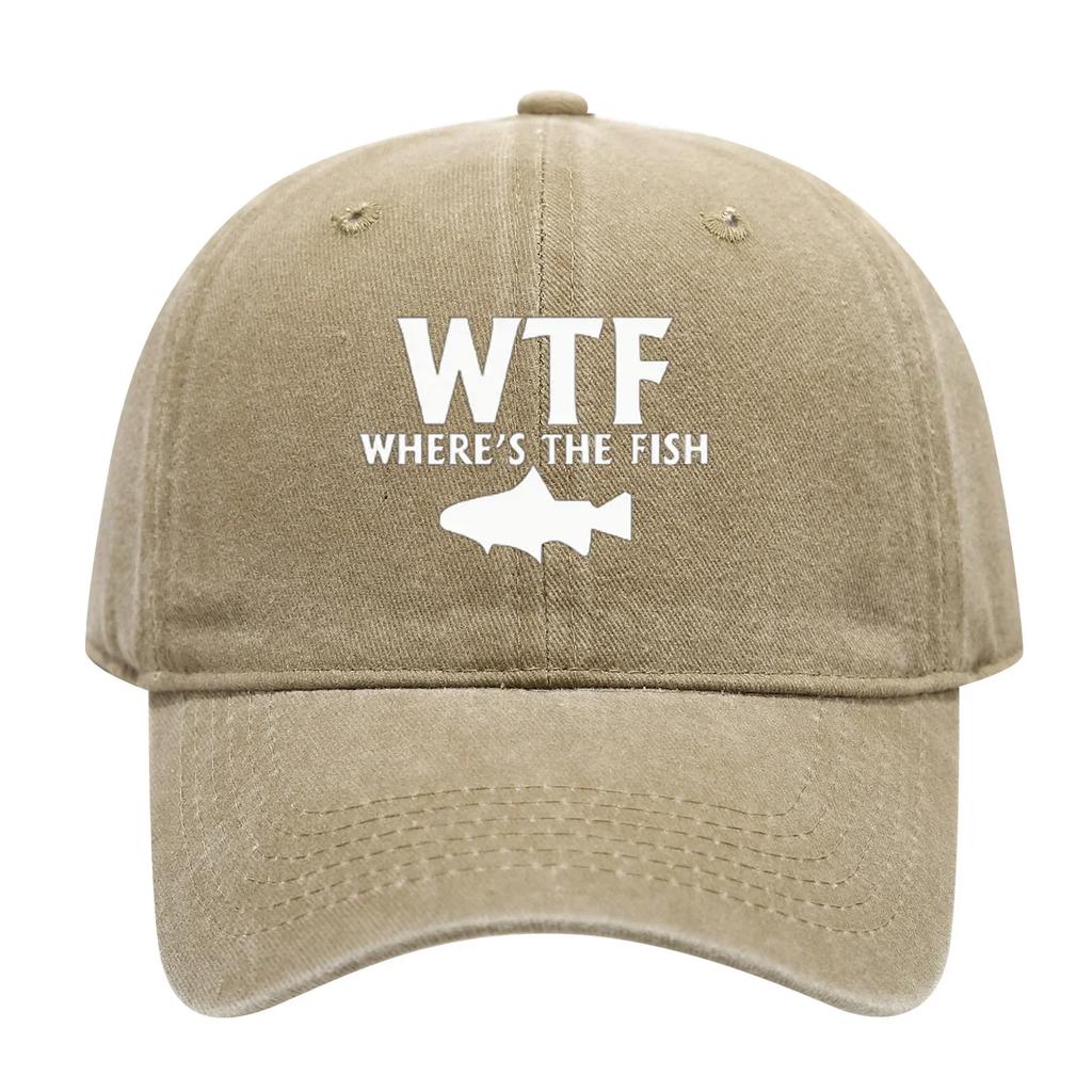 Men Women Casual Simple and Versatile Hats WTF Letter Fish Printed Washed Cotton Baseball Caps for Sun Protection Casual Wear