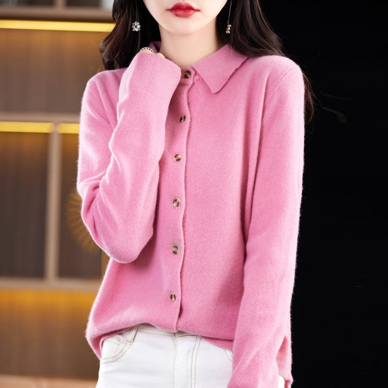 Polo Collar Knitted Cardigan for Women In Autumn and Winter New Andy Velvet Lapel Long Sleeve Top Skin-friendly and Warm Loose Jacket