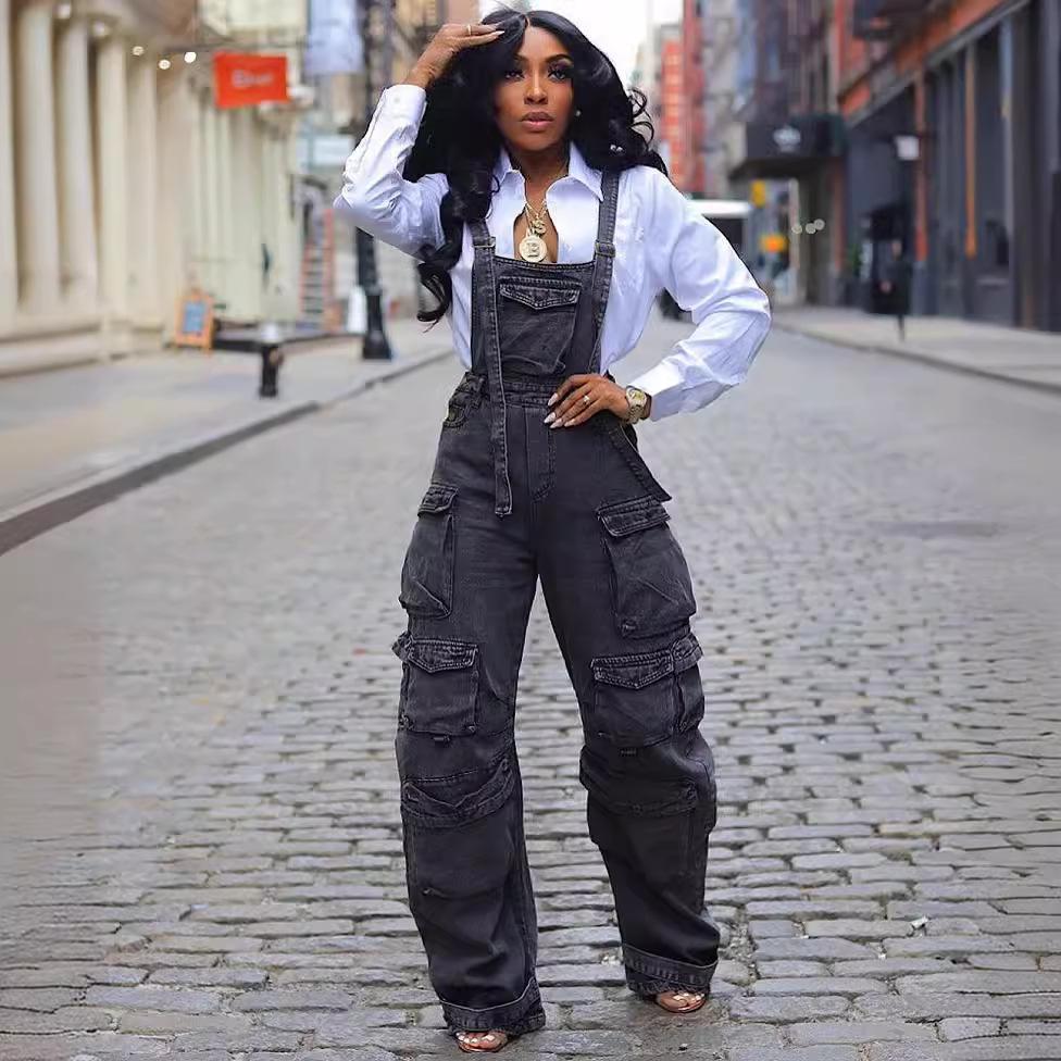 Women's Loose Denim Halter Onesie Cross-Border Spring Street Fashion Multi-Pocket Overalls Attractive Stylish One-Piece Suit