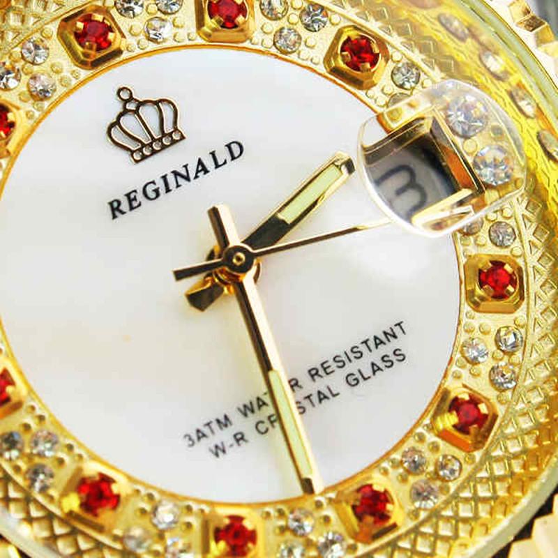 Original New REGINALD Quartz Watch Men 18k Yellow Gold Fluted Bezel Pearl Diamond Dial Full Stainless Steel Luminous Clock