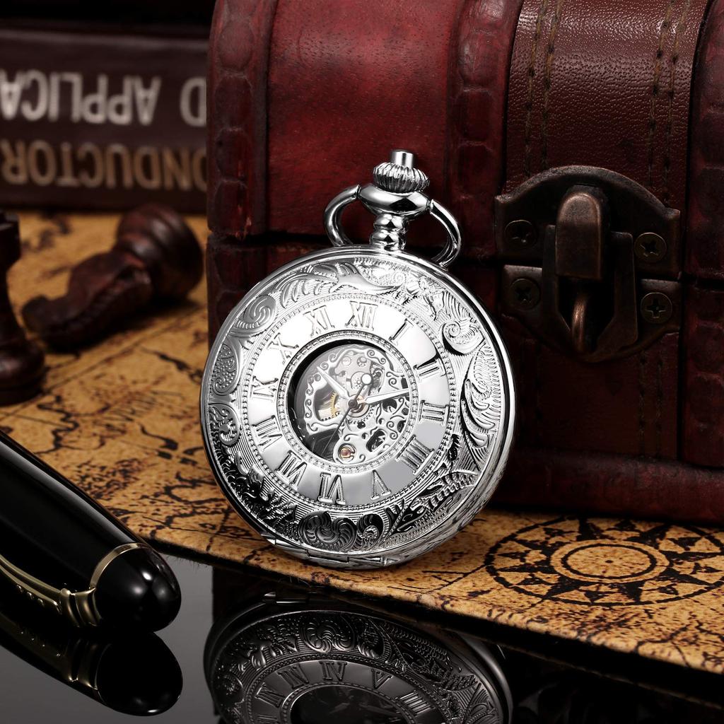 TREEWETO Men's Mechanical Skeleton Pocket Watch Roman Numeral Dial Gift Box Chain