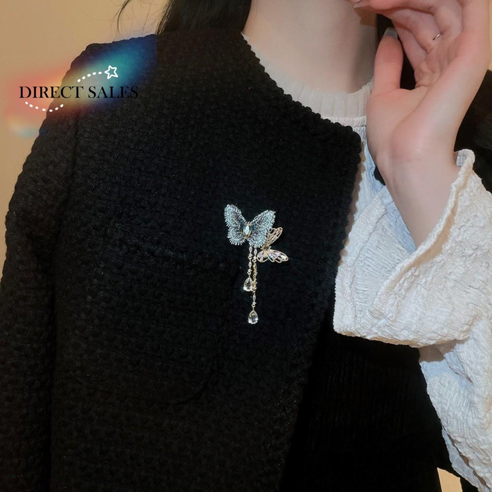 Blue Butterfly Tassel Brooch Metal Vintage Zircon Luxury Badge Pin Tassels Korean Trendy Banquet Clothes Metal Pin Girls
