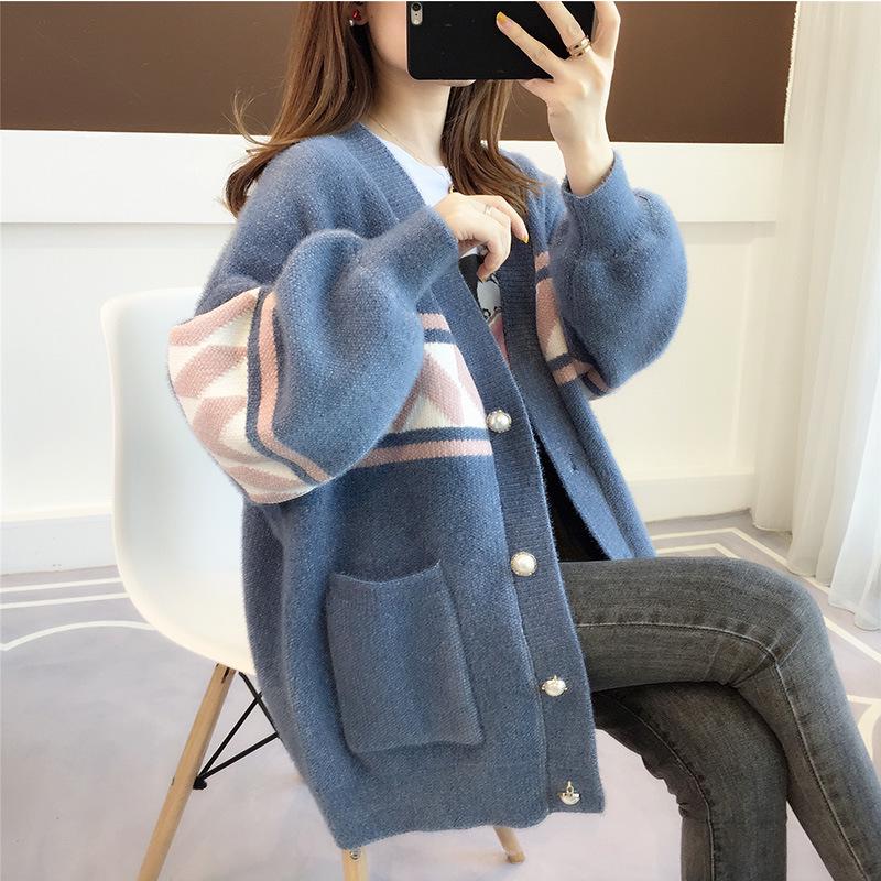"2024 Hot-Selling Women's Mink Velvet Knitted Cardigan Sweater - Spring/Autumn Medium-Length"