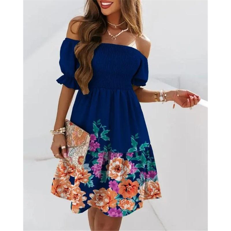 Short-sleeved One-shoulder Waist Pleated Printed Dress