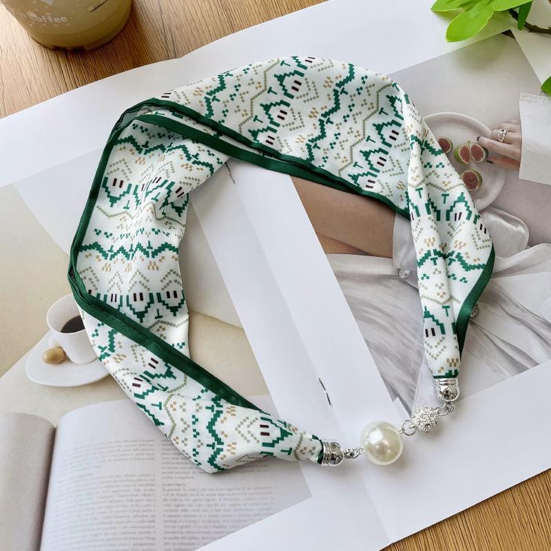 > New Magnetic Pearl Silk Scarf Necklace: Versatile High-End Neckerchief & Wrist Scarf