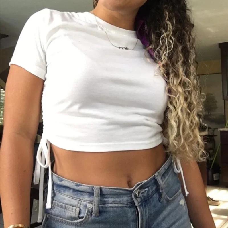 Sexy Drawstring Tie Bare Midriff Slim Tank Top Women Short Sleeves Bottoming Crop Tops Camisetas Mujer
