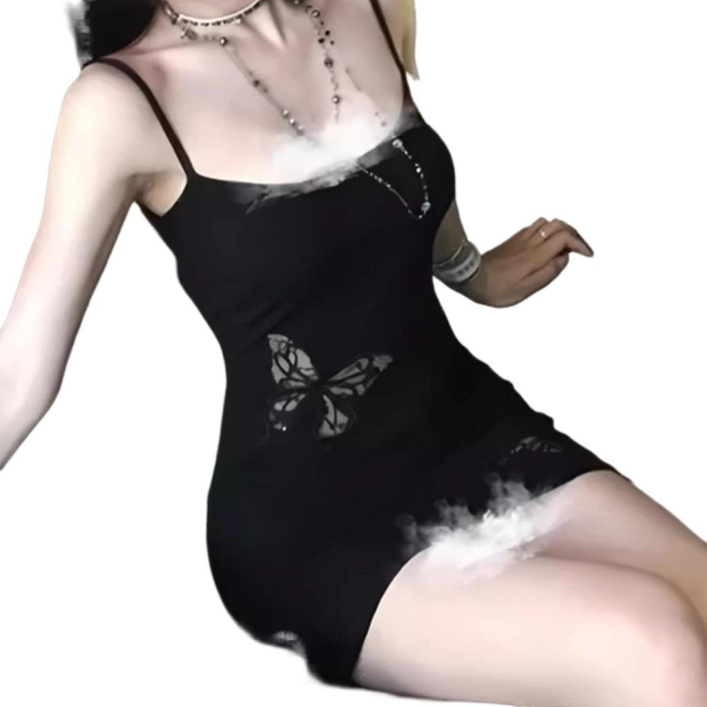 Black Butterfly Lace Low-Neck Camisole Dress - Sexy Waist-Cinched Slim Fit Skirt for Women